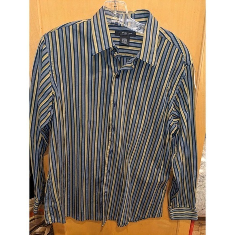 J.Ferrar Button Up Shirt Men's Size 16-16.5 Long Sleeve Blue Gold striped
